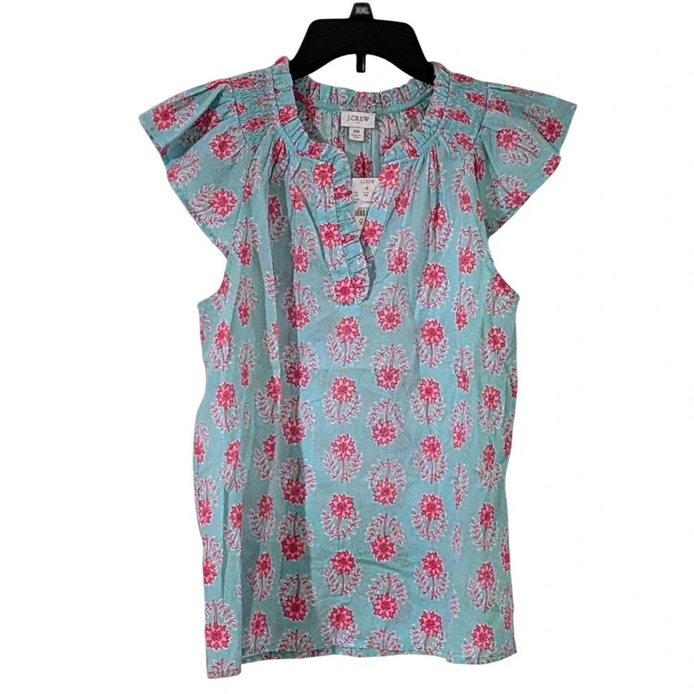 J. Crew Aqua Pink Floral Smocked‎ Flutter Sleeve V-Neck Blouse Top XS NWT $80